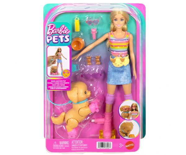 Set Barbie cu role pentru plimbat câinele - Păpușă blondă - Mattel
