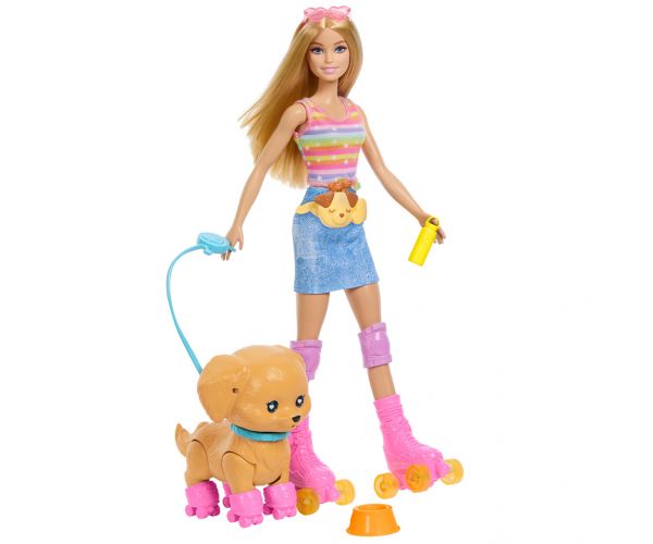 Set Barbie cu role pentru plimbat câinele - Păpușă blondă - Mattel