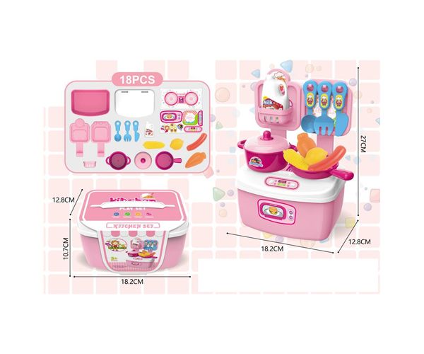 Set bucătărie de joacă pink se poate transporta 18 bucăți