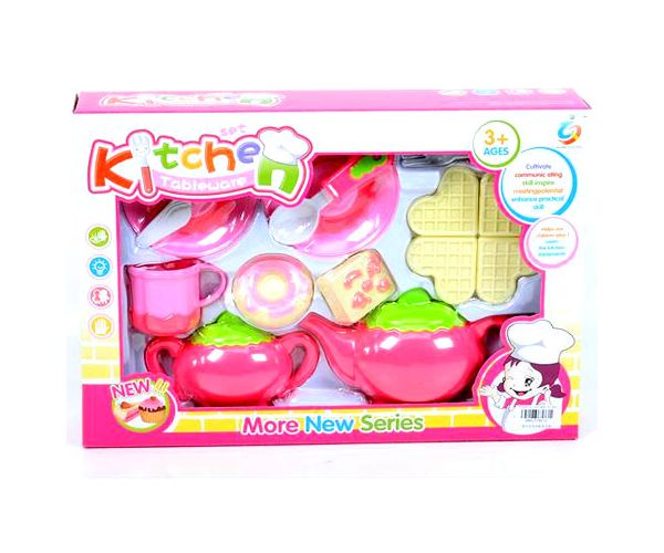 Set ceainic culoarea roz cu gofre și accesorii