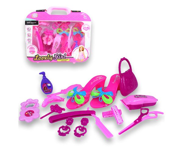 Set de frumusețe cu accesorii pentru coafor, pantofi și cercei într-o geantă