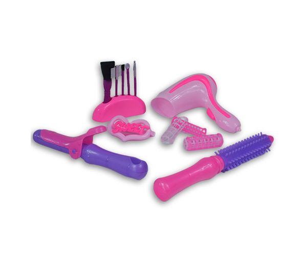 Set de frumusețe roz din 7 piese cu pensulă machiaj, uscător de păr și accesorii