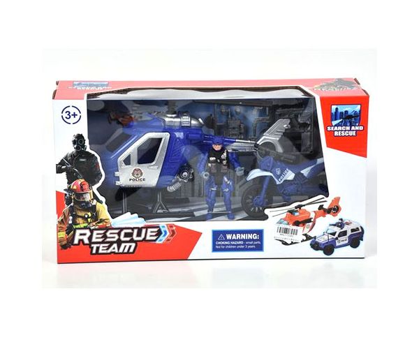 Rendőr játékszett motorral és helikopterrel