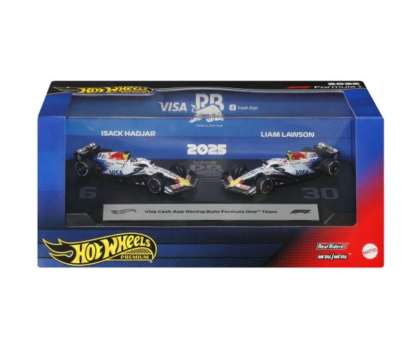 Set de mașinuțe Hot Wheels Premium F1 Racing Bulls, 2 bucăți, scară 1/64 – Liam Lawson #30 și Isack Hadjar #6 – Mattel