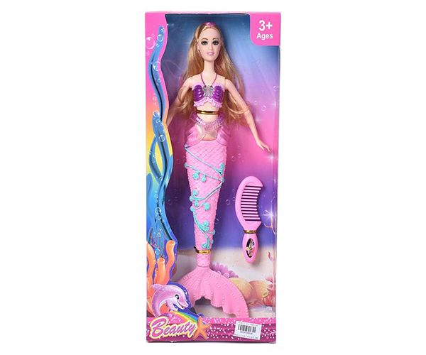 Sirenă păpușă păr blond cu piaptănă 30cm