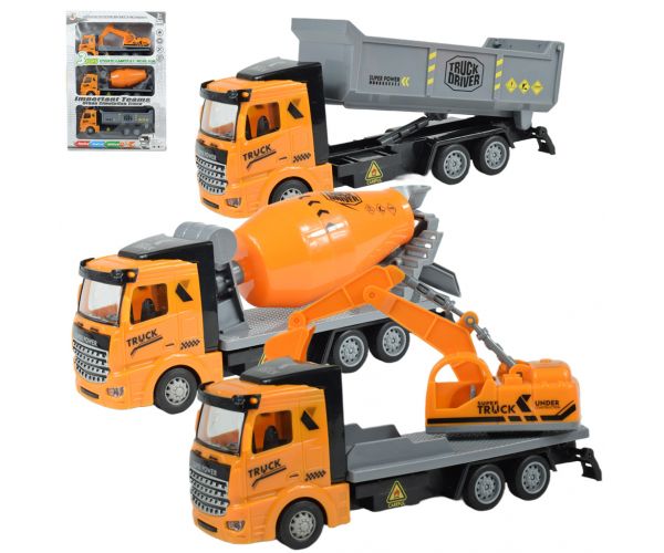 Șofer de camion: Set de 3 camioane de construcții cu roți duble de 19 cm.