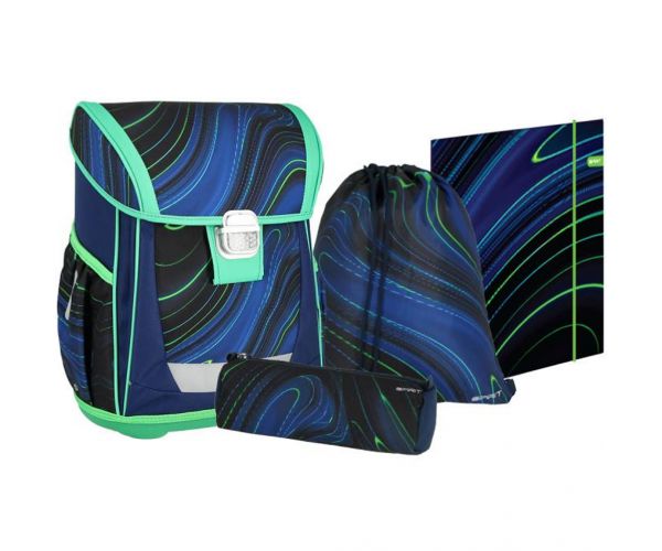 Spirit: Blue Stripes dungi albastre-verzi pe fundal negru ghiozdan, rucsac set de 4 bucăți 41x20x32cm