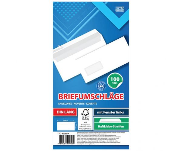 Spirit: Fehér bal ablakos boríték LA/4 11x23cm 100db-os csomag
