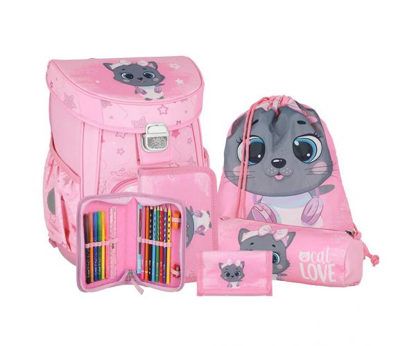 Spirit: Rucsac școlar cu pisică gri, set de 5 bucăți 38x17x28cm