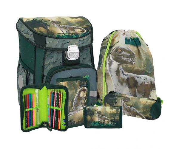 Spirit: Set de 5 piese cu ghiozdan școlar cu dinozaur Raptor, rucsac 38x17x28cm