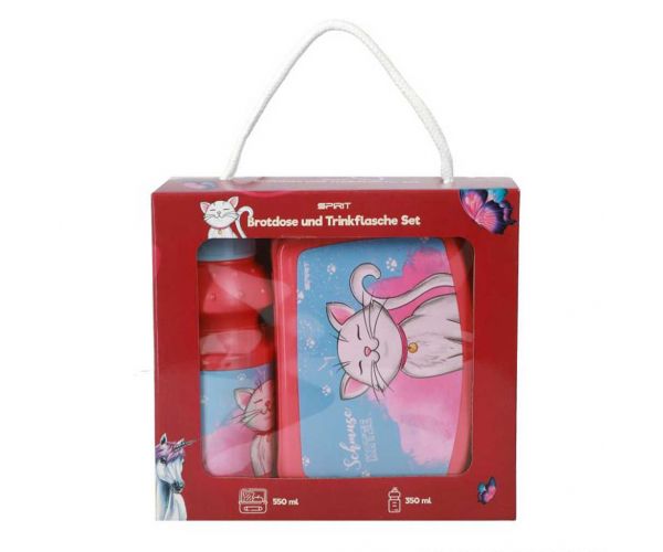 Spirit: set alb cu pisici — cutie pentru gustări și bidon