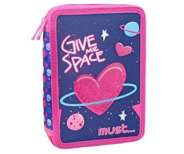 Space Heart: Kihajtható rózsaszín és lila kétszintes töltött tolltartó 15x21x5cm