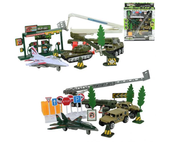 Super Army: Set de jocuri militare cu vehicule metalice și avion cu roți volante în două variante.