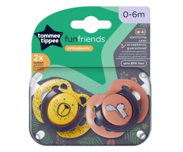 Tommee Tippee: Set de 2 suzete ortodontice FunFriends, disponibil în mai multe variante (0–6 luni)