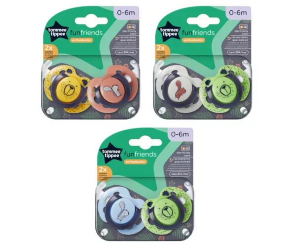 Tommee Tippee: Set de 2 suzete ortodontice FunFriends, disponibil în mai multe variante (0–6 luni)