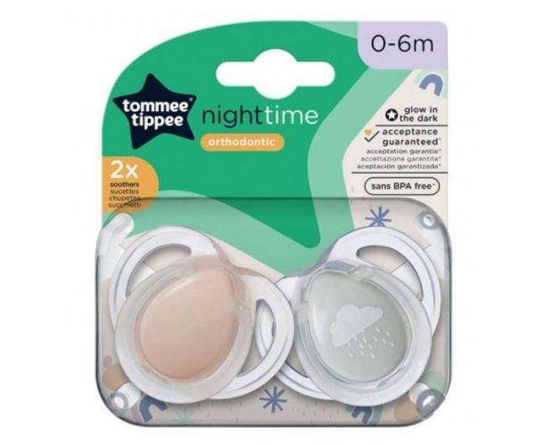 Tommee Tippee: Set de 2 suzete ortodontice fluorescente Night Time, disponibile în mai multe variante (0-6 luni)