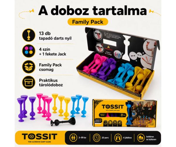 Tossit Family Pack – joc de darts cu ventuze roz, mov, albastru și galben