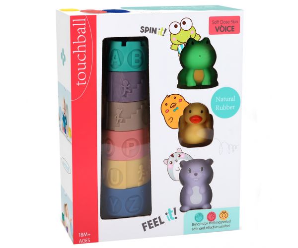 Touchball: Set de joc pentru dezvoltarea simțului tactil cu 9 piese pentru construirea unui turn, cu figurine de animale