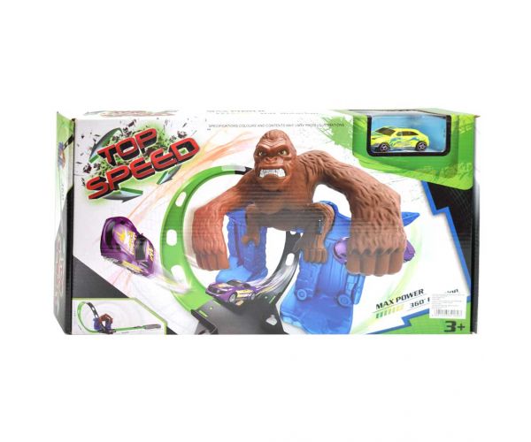 Top Speed: King-Kong 360° Pista de curse super buclă dublă cu figurină de gorilă și 1 mașină 1/64