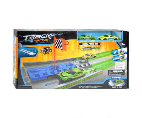 Track Racing: Pista de curse de accelerație cu steag de sosire și 2 mașini mici 1/64
