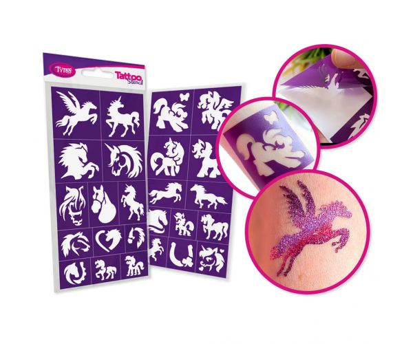 TyToo: Set de șabloane pentru tatuaje cu sclipici – Cai și ponei, 25 bucăți