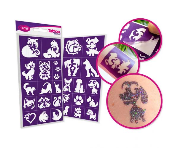 TyToo: Set de șabloane pentru tatuaje cu sclipici - câini și pisici, 27 bucăți
