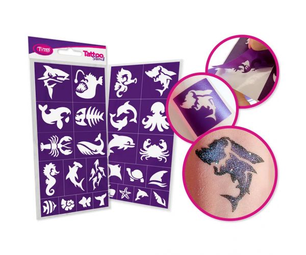 TyToo: Set șabloane pentru tatuaj cu sclipici animale marine, 26 bucăți