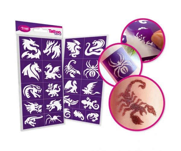 TyToo: Set șabloane tatuaje cu sclipici Dragoni și șopârle, 21 buc.