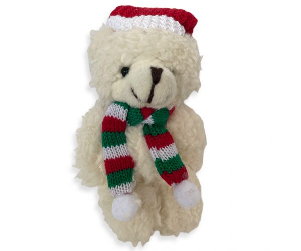 Ursuleț de pluș alb cu breloc și căciulă de Moș Nicolae, 12 cm